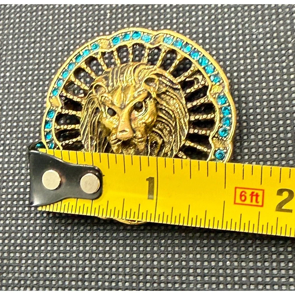 Gold Tone Lion Head Brooch Turquoise Rhinestone Sunburst Statement Pin Vintage